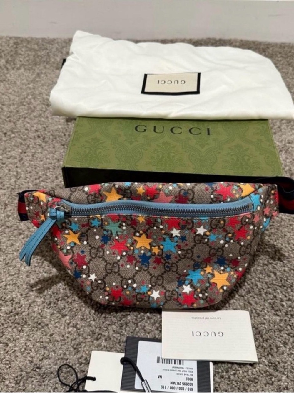 Kids Gucci GG Supreme Star Print Belt Bag with Blue Trim